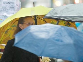 Pedestrians on Bank Street armed with umbrellas to shelter from an early morning deluge, May 1, 2014.