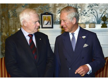 Prince Charles, right, meets the Governor General of Canada David Johnston in Halifax on Sunday, May 18, 2014. The Royal couple begin a four-day tour of Canada.