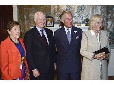 Prince Charles, centre right, and his wife Camilla, right, meet the Governor General of Canada David Johnston and his wife Sharon in Halifax on Sunday, May 18, 2014. The Royal couple begin a four-day tour of Canada.
