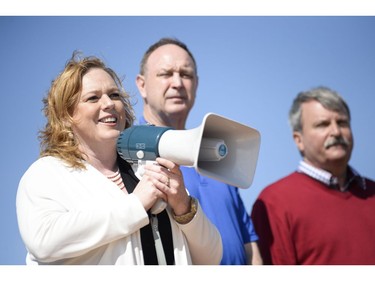 Progressive Conservative MPP representing Nepean-Carleton, Lisa MacLeod speaks to the crowd at the protest where147 Trucks and many supporters gathered at the Canadian Tire Centre parking lot to protest against the city on Saturday, May 10, 2014.