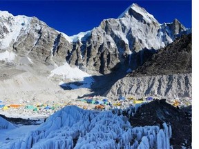 ROBERT KAY/AFP/Getty Images
 In this photograph taken on April 18, 2014, Everest Base Camp is seen from Crampon Point, the entrance into the Khumbu icefall below Mount Everest, following an avalanche that killed sixteen Nepalese sherpas in the  Khumbu icefall. Dreams shattered and counting their losses, many foreign climbers -- from a veteran mountaineer to a epileptic teenager -- say they might never return to Nepal to climb Everest, upset by ugly scenes at base camp and the government’s mismanagement of the peak. Climbing Everest from the Nepalese side -- the easiest and most popular route up the world’s highest peak -- has been effectively closed this season after the worst ever accident on April 18, 2014. Sixteen Nepalese sherpa guides died in an avalanche, sparking a labour dispute between them and the government and a boycott that left foreign expeditions no choice but to abandon their plans.   AFP PHOTO / ROBERT KAYROBERT KAY/AFP/Getty Images