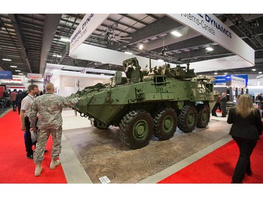 The LAV 6 armoured troop carrier on display as the annual trade fair for military equipment known as CANSEC took place at the EY Centre near the airport. Photo taken at 10:56 on May 28, 2014.