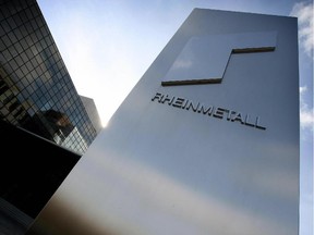 The logo of the German defence technology group Rheinmetall is seen in front of the company's headquarters in Duesseldorf, western Germany.