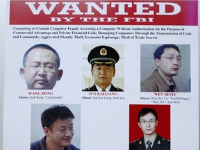 Wanted poster from the FBI for five Chinese hackers who allegedly conducted economic espionage and trade secret theft against U.S. companies.