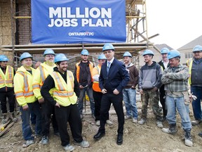 Ontario PC leader Tim Hudak, centre, poses for  with trade workers at a housing development  north of Toronto on Thursday, May 8, 2014.