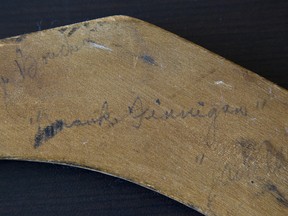 Detail from a hockey stick autographed by members of the 1926-27 Stanley Cup-winning Ottawa Senators.