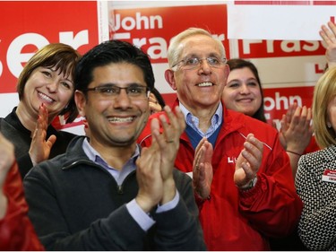 Yasir Naqvi (L) and Bob Chiarelli show their support at John Fraser's campaign office opening in Ottawa South, May 07, 2014. Photo by Jean Levac/Ottawa Citizen For Ottawa Citizen story by , CITY Assignment #116978