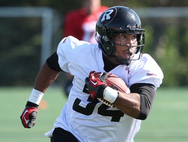 Michael Hayes makes the catch during the opening day of the Ottawa RedBlacks training camp, June 01, 2014.