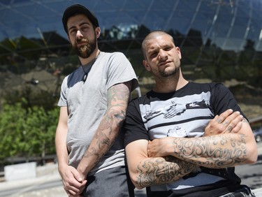 From left, Daniel Caissie and Johnny St-Amour are photographed in front of the Ottawa Convention Centre on Sunday, June 1, 2014. Caissie and St-Amour are employees at the Ottawa Convention Centre but have been banned for refusing to cover up their tattoos.