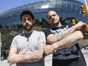 From left, Daniel Caissie and Johnny St-Amour are photographed in front of the Ottawa Convention Centre on Sunday, June 1, 2014. Caissie and St-Amour are employees at the Ottawa Convention Centre but have been banned for refusing to cover up their tattoos.