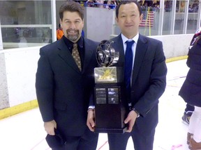 Dave Leger and head coach Hiroaki Sasaki helped the Nippon Paper Cranes make Japanese hockey history in 2013-14 by winning the Asia League championship trophy and the All-Japan Open championship in the same season.
PHOTO CREDIT: Provided by Dave Leger