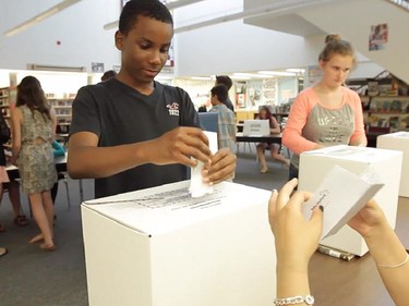 Students at D. Aubrey Moodie Middle School participated in Student Vote, a parallel election for students on Tuesday, June 10, 2014. The project coincides with official election periods. Students learn about the democratic process, party platforms and local candidates.
