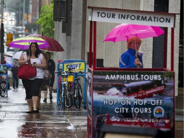Metcalfe near Queen street as Ottawa received warm wet weather on Tuesday, with temperatures in the low 20s C with a chance of fog later in the evening.