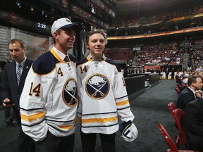 PHILADELPHIA, PA - JUNE 28:  Eric Cornel, pick #41, poses with Sam Reinhart, pick #2, of the Buffalo Sabres on Day Two of the 2014 NHL Draft at the Wells Fargo Center on June 28, 2014 in Philadelphia, Pennsylvania.  (Photo by Bruce Bennett/Getty Images)