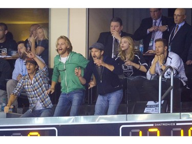 LOS ANGELES, CA - JUNE 13:  (L-R) Oliver Hudson, Wyatt Russell, Joshua Jackson and Chloe Grace Moretz attend Game Five of the 2014 Stanley Cup Final between the Los Angeles Kings and the New York Rangers at the Staples Center on June 13, 2014 in Los Angeles, California.