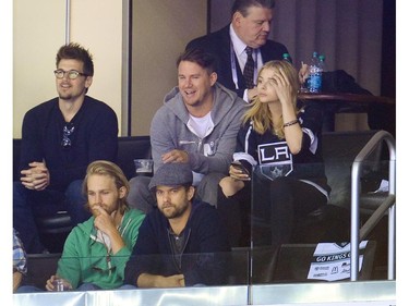 LOS ANGELES, CA - JUNE 13:  (L-R) Joshua Jackson, Channing Tatum and Chloe Grace Moretz attend Game Five of the 2014 Stanley Cup Final between the Los Angeles Kings and the New York Rangers at the Staples Center on June 13, 2014 in Los Angeles, California.