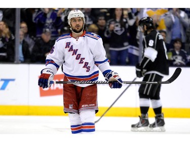 LOS ANGELES, CA - JUNE 13:  Mats Zuccarello #36 of the New York Rangers looks on against the Los Angeles Kings during Game Five of the 2014 Stanley Cup Final at Staples Center on June 13, 2014 in Los Angeles, California.