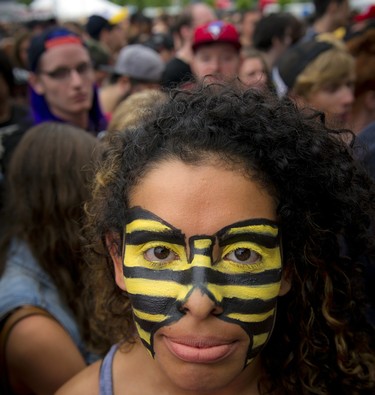 A fan's face is painted with the "killer bee" colours of the Wu-Tang Clan, the hip hop crew that drew a huge crowd at Bluesfest in 2013.(Photo by Ashley Fraser, Ottawa Citizen)