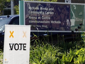 A sign points to an advance poll for the Ontario election at the McNabb Recreation Centre on Saturday May 31, 2014.