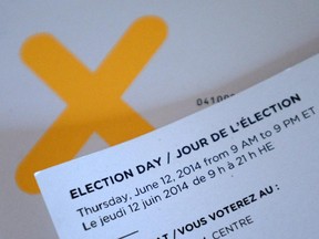 A voter card is pictured on election day in Ontario on Thursday June 12, 2014. Voters go to the polls today.