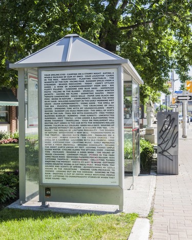 One of Anne Wanda Tessier's caring ads, on a bus shelter on Wellington Street during Hintonburg Happening. (Photo Dwayne Brown Studio, courtesy the artist)