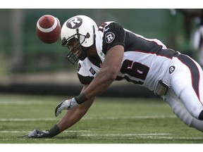 Ottawa Redblacks defensive back Antoine Pruneau is not able to grab a pass against the Saskatchewan Roughriders during first half of CFL pre-season football action in Regina, Sask., Saturday, June 14, 2014.