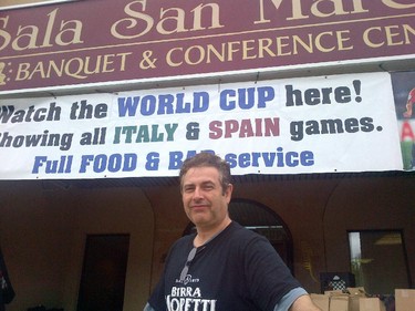 At Sala San Marco, Erminio Deangelis was one of a group getting ready for a wedding of 325 in the banquet hall and hundreds more watching the Italy-England World Cup on big TVs outdoors.