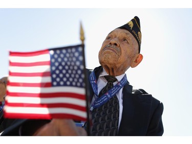 WASHINGTON, DC - JUNE 06:  American World War II veteran Henry Mendoza of Rancho Cucamonga, California, participates in the 70th anniversary D-Day commemoration at the WWII Memorial on the National Mall June 6, 2014 in Washington, DC. Mendoza was a member of the U.S. Army 9th Air Force and gave air support to the invasion of Normandy by allied troops.