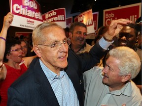 Bob Chiarelli, Liberal candidate for Ottawa-West Nepean, is greeted by supporters as he  arrives at his election victory party . Photo taken at 22:49 on June 12, 2014.