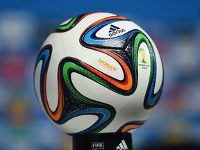 The official World Cup match ball, the "Brazuca" is displayed during a Brazil press conference ahead of the 2014 FIFA World Cup Brazil opening match against Croatia at Arena de Sao Paulo on June 11, 2014 in Sao Paulo, Brazil.