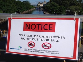 An oil spill sign on the canal is a hoax, says TransCanada.