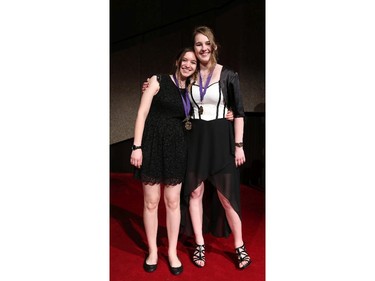 Cappies nominees  for Lighting and for Stage Crew, Paula Rahn (L) and Sarah Roberts (R), Earl of March Secondary School, arrive on the Red Carpet, prior to the start of the 9th annual Cappies Gala awards, held at the National Arts Centre, on June 08, 2014, in Ottawa, Ont.