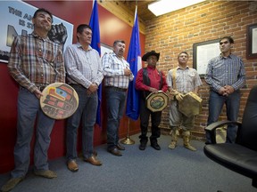 From left to right, Chief Francis Laceese, of the Tl'esqox First Nation, Chief Percy Guichon, of the Tsi Deldel First Nation, Chief Joe Aphonse, of the Tl'etinqox First Nation, Chief Roger William, of the Xeni Gwet'in First Nation, Chief Bernie Mack, of the Esdilagh First Nation and Chief Russell Myers-Ross, of the Yunesit'in First Nation, stand together during a news conference in Vancouver, B.C., after the Supreme Court of Canada ruled in favour of the Tsilhqot'in First Nation, granting it land title to 438,000-hectares of land on Thursday June 26, 2014.