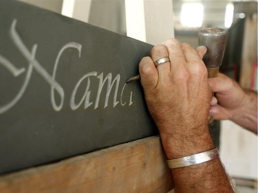 Danny Barber chisels "Namaste" on stone by hand in the shop – an art called "lettercutting." The ancient trade of stonemasonry is making a revival on Parliament Hill, and Danny Barber and John-Philippe Smith (founders of Smith and Barber stonemasons in Ottawa) are two of the mason/sculptors recreating the stone carvings there.