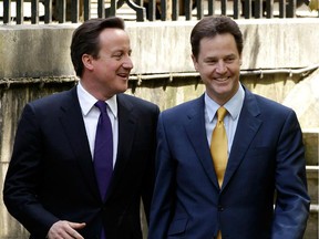 LONDON, ENGLAND - British Prime Minister David Cameron, left, and Deputy Prime Minister Nick Clegg lead the country with a majority coalition government. Coalitions are not as frequent here as elsewhere.