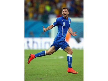MANAUS, BRAZIL - JUNE 14: Claudio Marchisio of Italy celebrates scoring his team's first goal during the 2014 FIFA World Cup Brazil Group D match between England and Italy at Arena Amazonia on June 14, 2014 in Manaus, Brazil.