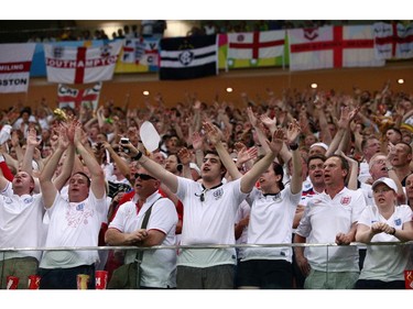 MANAUS, BRAZIL - JUNE 14:  England fans cheer during the 2014 FIFA World Cup Brazil Group D match between England and Italy at Arena Amazonia on June 14, 2014 in Manaus, Brazil.