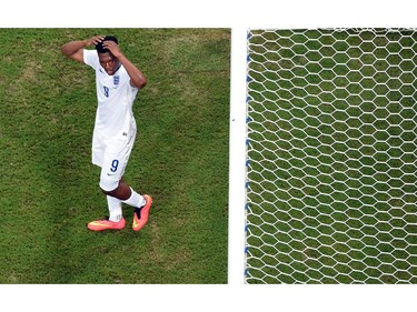 England's forward Daniel Sturridge reacts after missing a goal during a Group D football match between England and Italy at the Amazonia Arena in Manaus during the 2014 FIFA World Cup on June 14, 2014.