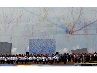 Fireworks are seen during the D-Day commemoration at the Ouistreham beach, France, Friday, June 6, 2014.  World leaders and veterans gathered by the beaches of Normandy, northern France, on Friday to mark the 70th anniversary of the World War II D-Day landings.