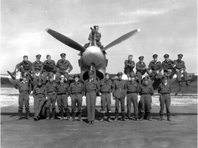 Former Flying Officer Doug Gordon, far right in the front row, with members of his 440 Squadron. Gordon was among the Allied forces that took part in the D-Day invasion.