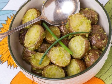 Pesto potatoes from Boreal Feast cookbook