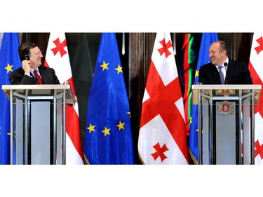 Georgia's President Georgy Margvelashvili (R) and European Commission President Jose Manuel Barroso (L) attend their joint news conference in Tbilisi on June 12, 2014. Barroso urged Russia on Thursday not to stand in the way of tiny Moldova forging closer ties with Europe, despite the conflict caused by Ukraine's lurch towards the West.