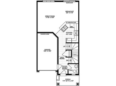 Ground level floor plan of The Adirondack townhome by Glenview Homes at Monahan Landing.