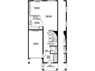 Ground level floor plan of The Oakwood townhome by Glenview Homes at Monahan Landing.