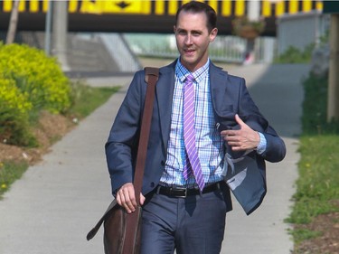 Michael Sona arrives at the courthouse in Guelph Ontario for the first day of the robocalls trial on June 2, 2014.