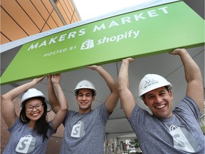 From left, Serena Ngai, Brennan Loh and Shopify chief platform officer Harley Finkelstein have erected a 60-foot-long pop-up tent, right outside The Bay on George Street in the ByWard Market where craft makers can sell their goods on Friday and Saturday using cutting edge technologies.