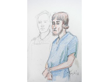 Justin Bourque is shown in this artist's sketch during his court appearance in Moncton Friday, June 6, 2014. Bourque is charged with three counts of first-degree murder and two counts of attempted murder after one of the worst mass shootings in the RCMP's history.