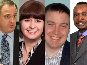 Candidates in the Ottawa-Orléans riding include, from left, Andrew Lister (PC), Marie-France Lalonde (Liberal), Bob Bell (Green) and Prosper M'Bemba-Meka (NDP).