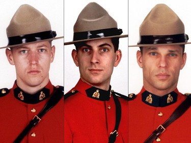 L-R Cst. Dave Joseph Ross, Cst Douglas James Larche and Cst. Fabrice Georges Gevaudan were the three RCMP officers killed Wednesday in Moncton, N.B.