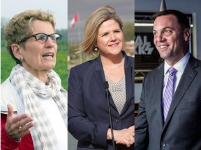 L-R Kathleen Wynne, Andrea Horwath and Tim Hudak.